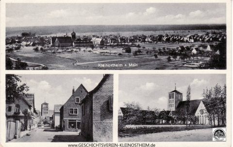 Die Postkarte stammt aus der Zeit nach 1953, denn die Häuser des St. Brunowerks neben der Kirche wurden im Januar 1953 eingeweiht. Die Goethestraße existiert noch nicht und der Bereich zwischen Ortskern und Siedlung ist noch unbebaut. Unten sieht man die Kirchstraße und einen Blick auf die Kirche von der Wiesenstraße.