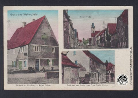 Die Postkarte zeigt die oben erwähnte Bäckerei Scherer sowie das Gasthaus „Zur Krone“ in der Kirchstraße