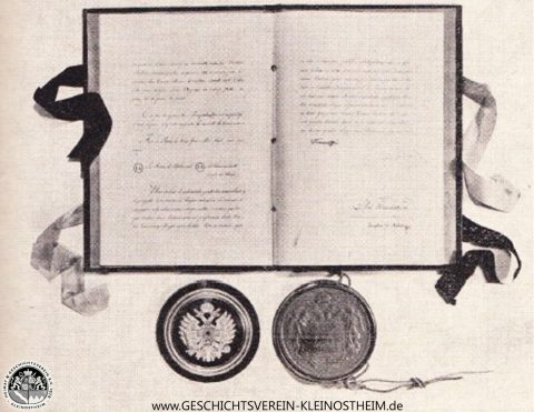 Das Foto zeigt die österreichische Ratifikationsurkunde zum Pariser Vertrag vom 3. Juni 1814, ausgestellt zu Wien, 24. Juni 1814. Infolge des Pariser Vertrages gehörte Aschaffenburg (und natürlich auch Kleinostheim) nun zu Bayern.