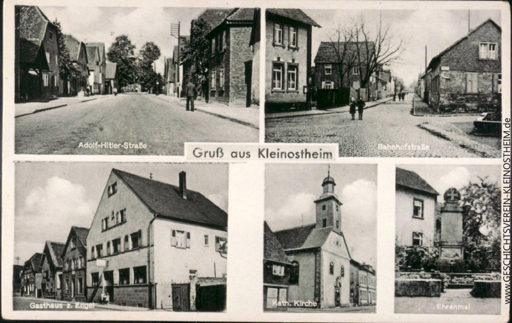 Die Postkarte stammt aus dem Jahr 1939. Wir sehen die Hauptstraße (damals Adolf-Hitler-Straße), die Bahnhofstraße, das Gasthaus zum Engel, die alte Laurentiuskirche und das Kriegerdenkmal an der Ecke Steinbachstraße-Reitergasse, das heute vor der Kirche in der Goethestraße steht.