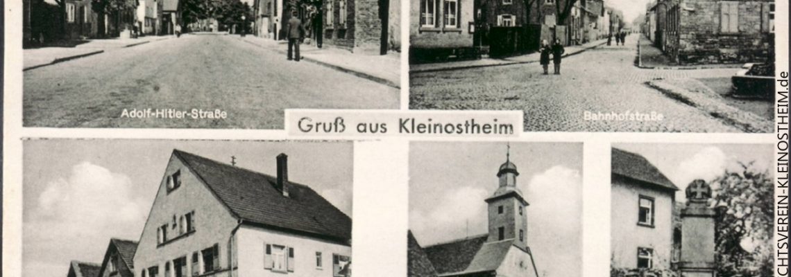 Die Postkarte stammt aus dem Jahr 1939. Wir sehen die Hauptstraße (damals Adolf-Hitler-Straße), die Bahnhofstraße, das Gasthaus zum Engel, die alte Laurentiuskirche und das Kriegerdenkmal an der Ecke Steinbachstraße-Reitergasse, das heute vor der Kirche in der Goethestraße steht.