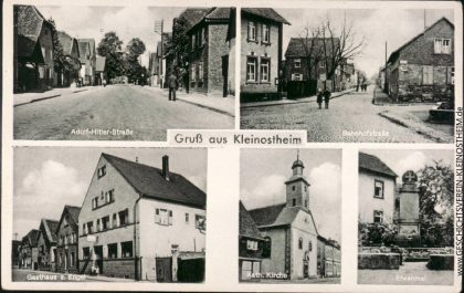 Die Postkarte stammt aus dem Jahr 1939. Wir sehen die Hauptstraße (damals Adolf-Hitler-Straße), die Bahnhofstraße, das Gasthaus zum Engel, die alte Laurentiuskirche und das Kriegerdenkmal an der Ecke Steinbachstraße-Reitergasse, das heute vor der Kirche in der Goethestraße steht.