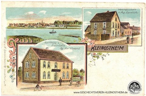 Litho-Ansichtskarte mit dem Gasthaus zur Eisenbahn (Georg Anton Wienand) und dem Warengeschäft von August Eizenhöfer (Bahnhofstraße), gelaufen am 29. September 1909.