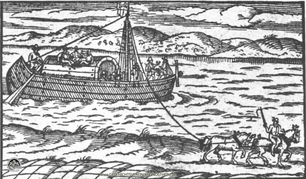 Wir sehen die Titelblattzeichnung des Buches „Marktsschiffer-Gespräch von der Frankfurt Meß“ von M. Mangold, 1596. Der Leinreiter sitzt auf der flussabgewandten Seite des Pferdes, um bei Gefahr schnell abspringen zu können.