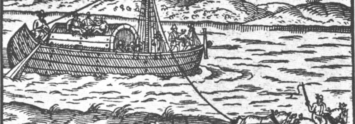 Wir sehen die Titelblattzeichnung des Buches „Marktsschiffer-Gespräch von der Frankfurt Meß“ von M. Mangold, 1596. Der Leinreiter sitzt auf der flussabgewandten Seite des Pferdes, um bei Gefahr schnell abspringen zu können.