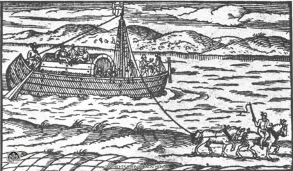 Wir sehen die Titelblattzeichnung des Buches „Marktsschiffer-Gespräch von der Frankfurt Meß“ von M. Mangold, 1596. Der Leinreiter sitzt auf der flussabgewandten Seite des Pferdes, um bei Gefahr schnell abspringen zu können.