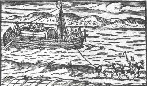 Wir sehen die Titelblattzeichnung des Buches „Marktsschiffer-Gespräch von der Frankfurt Meß“ von M. Mangold, 1596. Der Leinreiter sitzt auf der flussabgewandten Seite des Pferdes, um bei Gefahr schnell abspringen zu können.