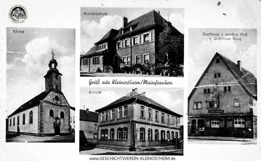 Die Postkarte stammt wohl aus den 30er Jahren. Das genaue Datum ist leider nicht bekannt. Die Karte zeigt neben der alten Laurentiuskirche (heute Musikschule) den Kindergarten St. Marien (inzwischen abgerissen), die Neue Schule, die beim Bombenangriff vom 21.1.1945 völlig zerstört wurde und das Gasthaus zum Weißen Roß.