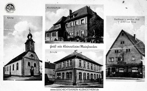 Die Postkarte stammt wohl aus den 30er Jahren. Das genaue Datum ist leider nicht bekannt. Die Karte zeigt neben der alten Laurentiuskirche (heute Musikschule) den Kindergarten St. Marien (inzwischen abgerissen), die Neue Schule, die beim Bombenangriff vom 21.1.1945 völlig zerstört wurde und das Gasthaus zum Weißen Roß.
