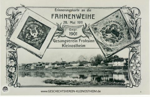 Anlässlich der Fahnenweihe des Gesangvereins Frohsinn 1911 wurde eine eigene Postkarte herausgegeben. Das Foto zeigt das Mainufer am noch unregulierten Fluss, denn das erste Wehr mit Schleuse wurde erst 1917 fertiggestellt.